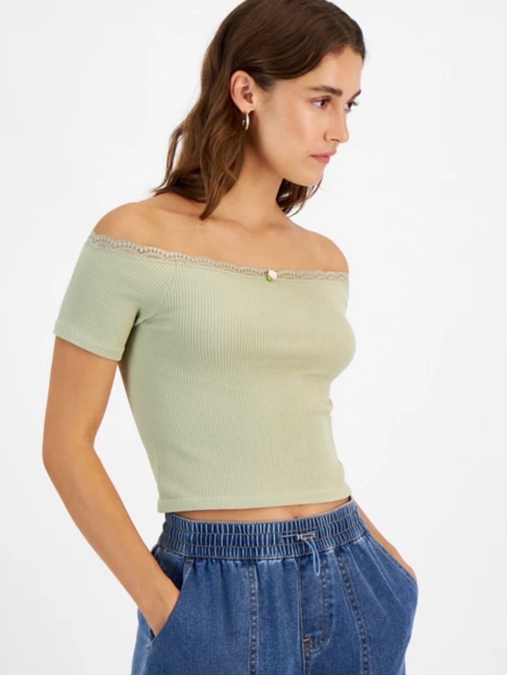 Off-Shoulder Lace Trim Ribbed Top - Sage Green Size Medium